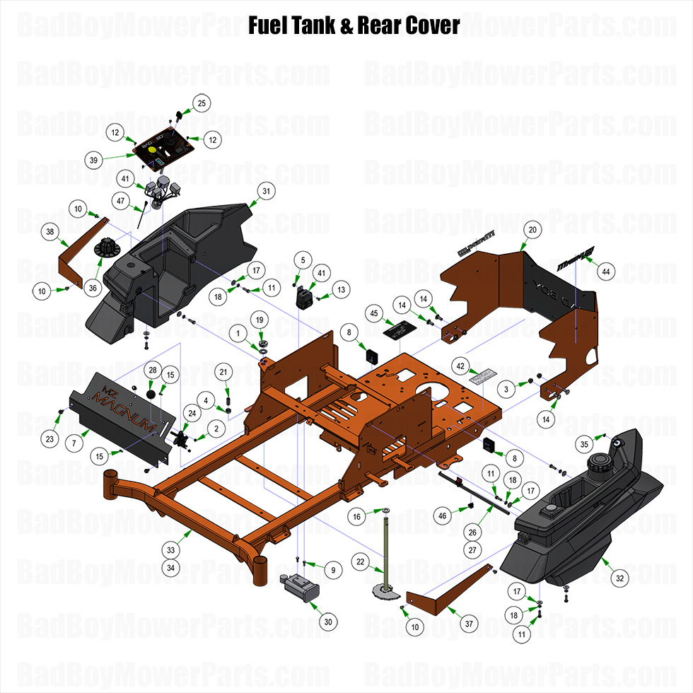 3777 - Bad Boy Mower Parts Lookup > 2025 > MZ Magnum > Fuel Tank & Rear Cover
